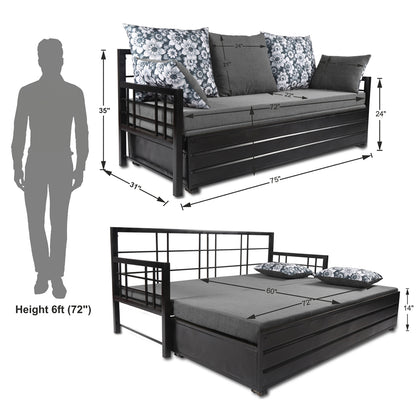 Adorn India Polar Black Metal Three Seater Sofa Cum Bed with Storage (6 x 5) (Light Grey)