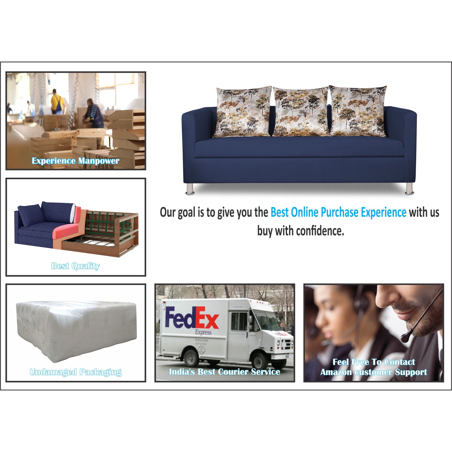 Adorn India Alita 3 Seater Compact Sofa (Blue)