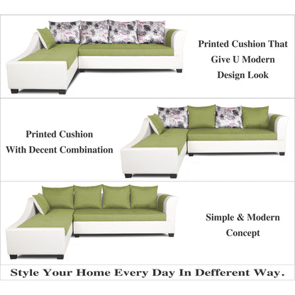 Adorn India Aliana L Shape Leatherette Fabric 6 Seater Sofa Set LHS (Green & White) (3 Year Warranty)