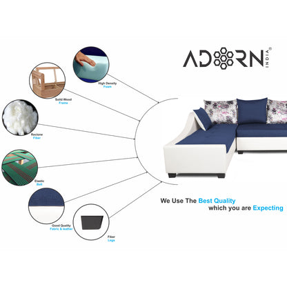 Adorn India Aliana L Shape Leatherette Fabric 6 Seater Sofa Set LHS (Blue & White) (3 Year Warranty)