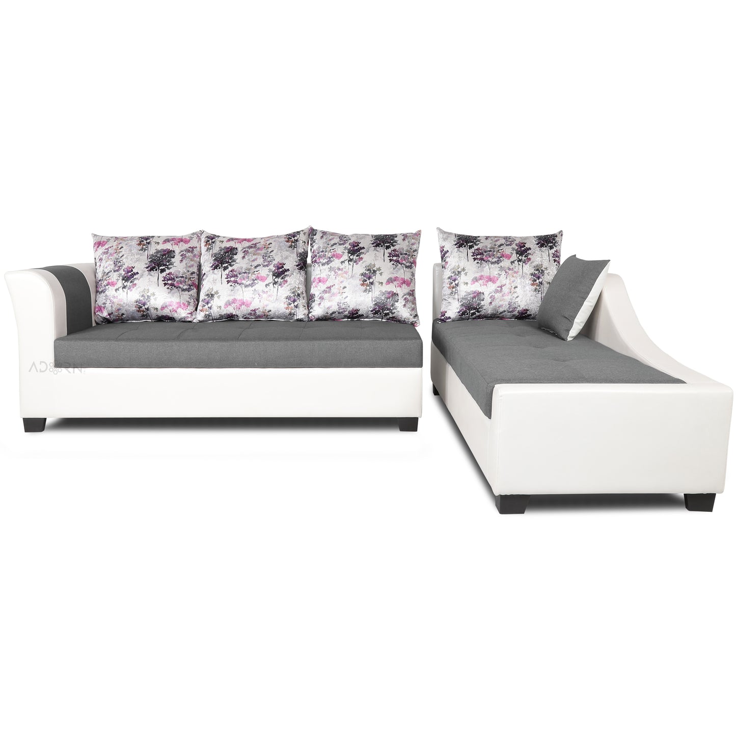Adorn India Aliana L Shape Leatherette Fabric Sectional 6 Seater Sofa Set RHS (Light Grey and White) (3 Year Warranty)