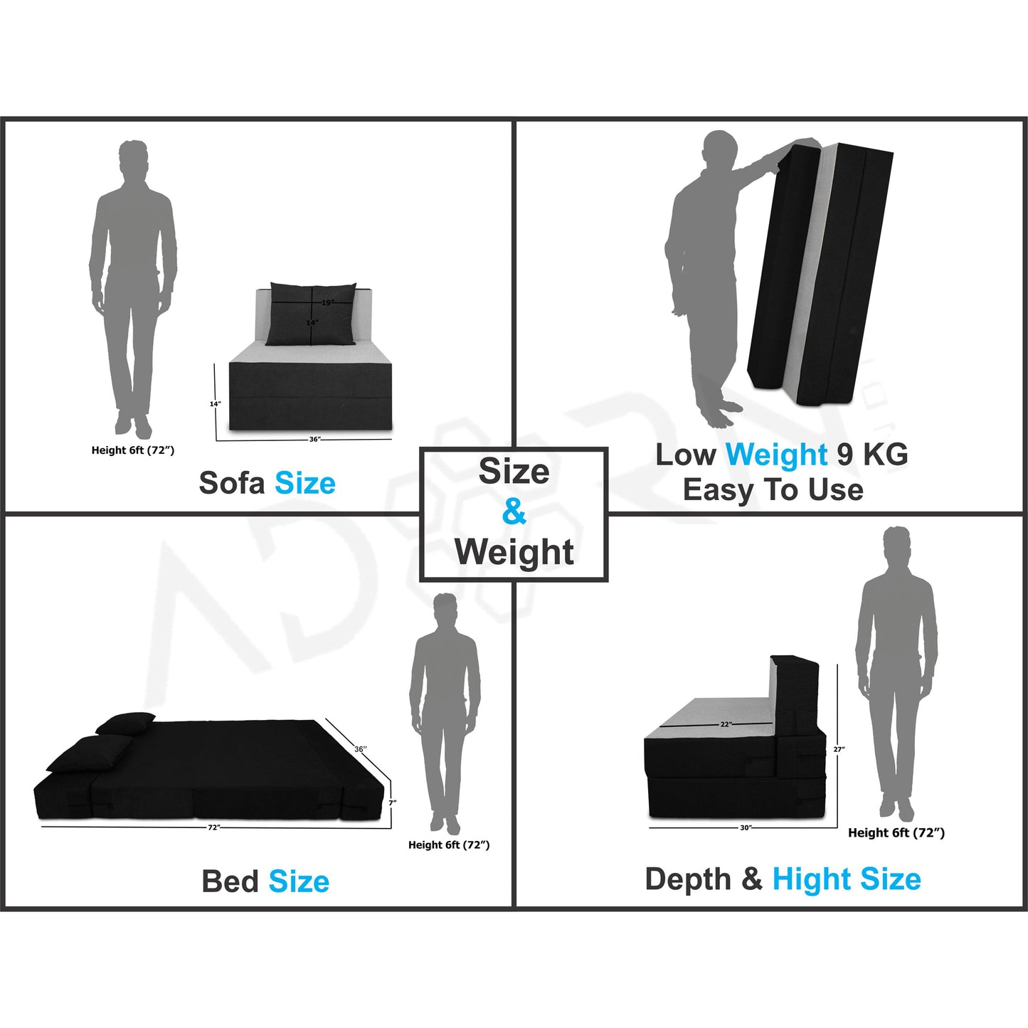 Adorn India Easy Single Seater Sofa Cum bed 3'x6' (Black and Grey)