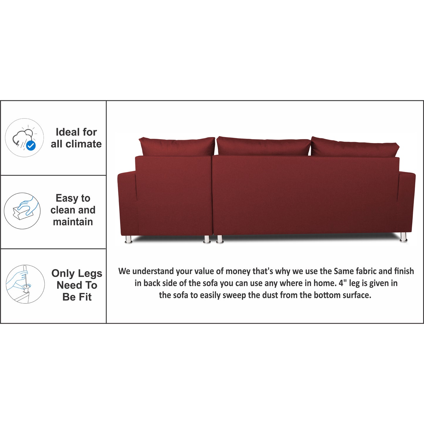 Adorn India Straight line 6 seater L Shape Sofa set (Maroon)