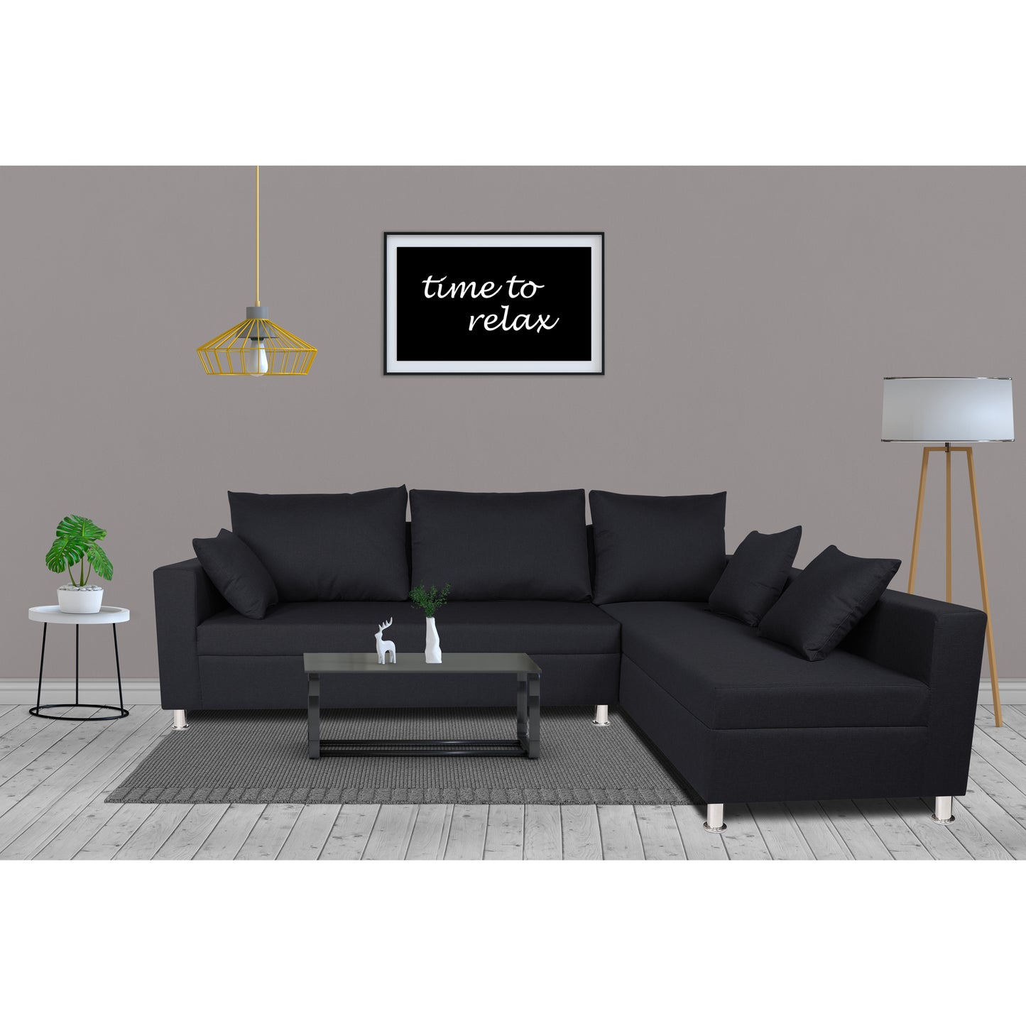 Adorn India Straight line L Shape Sofa (Black)