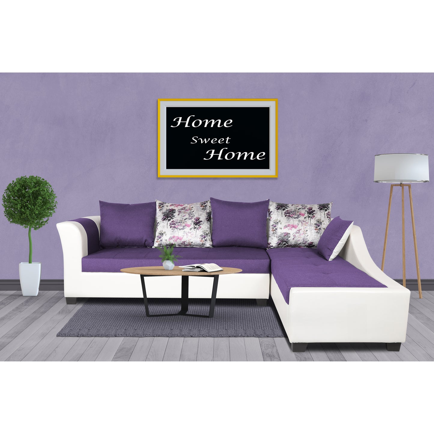 Adorn India Aliana L Shape Leatherette Fabric 6 Seater Sofa Set RHS (Dark Purple & White) (3 Year Warranty)