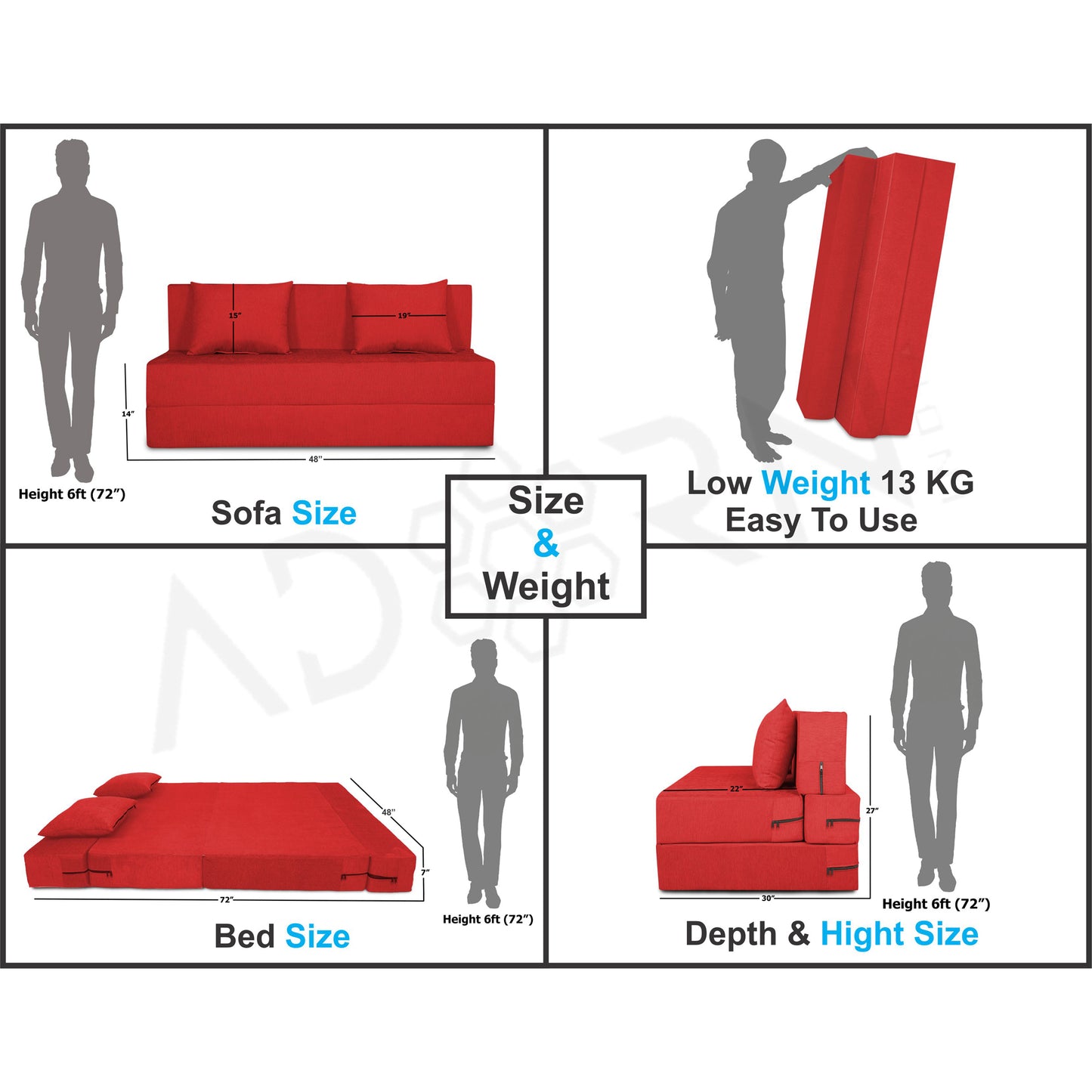 Adorn India Easy 2 Seater Sofa Cum Bed Alyn 4'x 6' (Red) (1 Year Warranty)