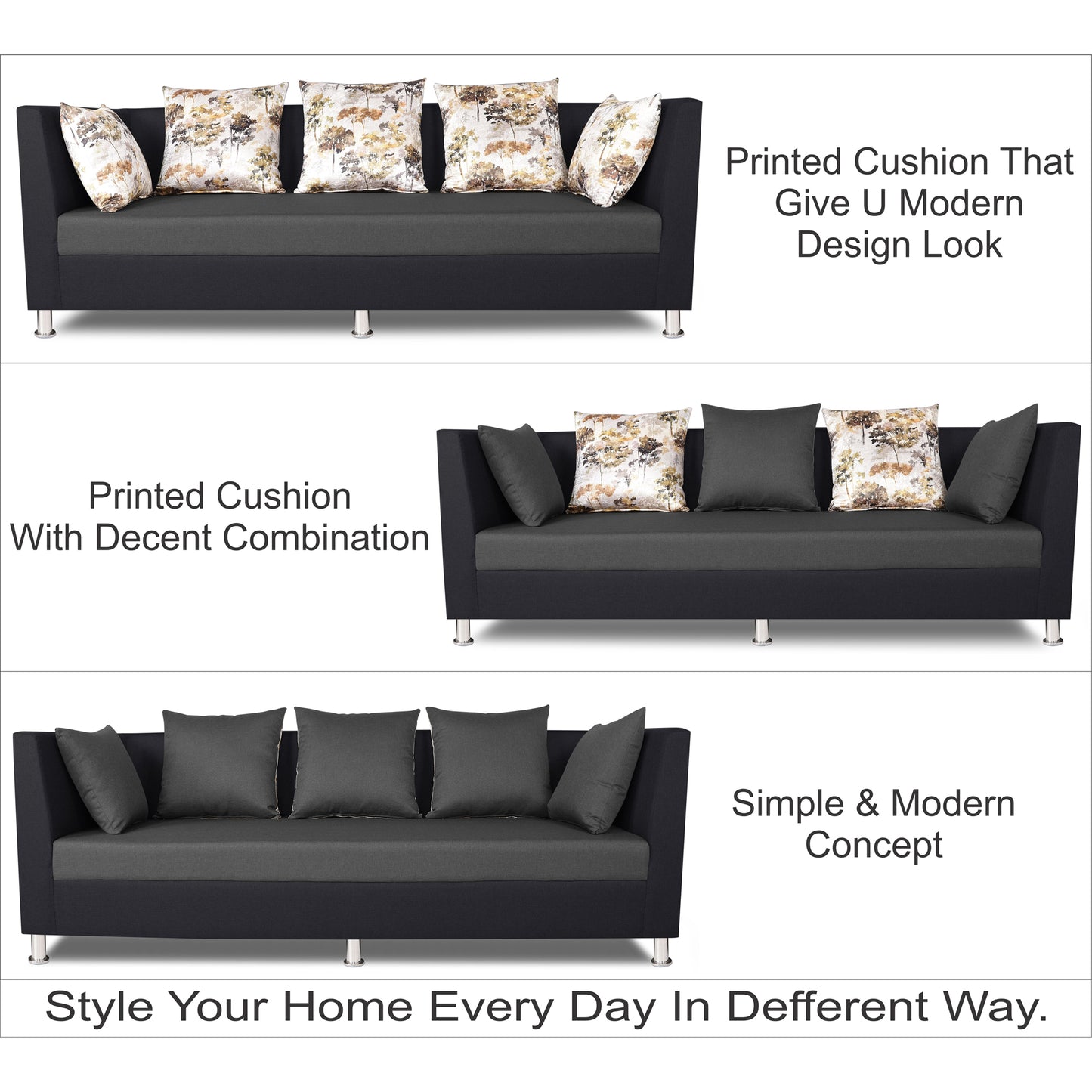 Adorn India Exclusive Two Tone Alica Three Seater Sofa (Dark Grey & Black), Wood, Foam