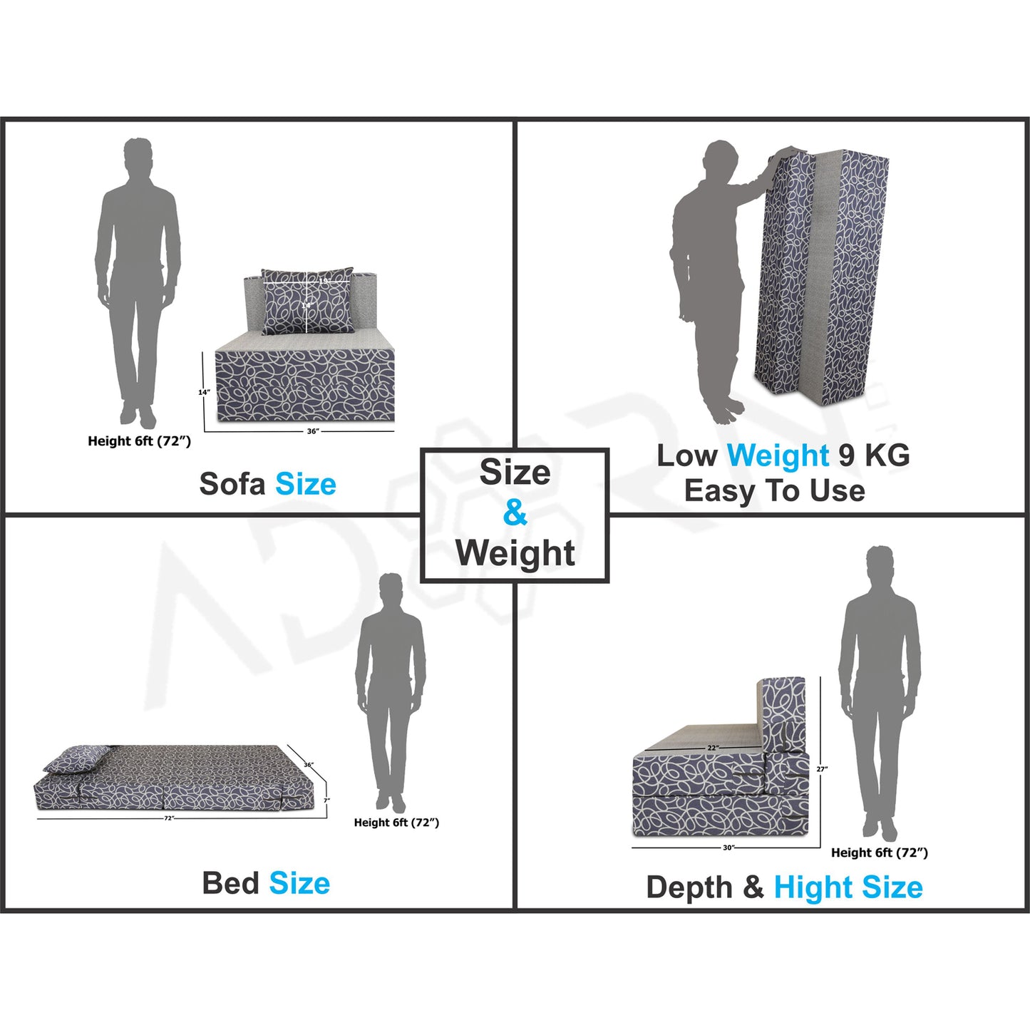 Adorn India Easy Single Seater Sofa Cum Bed Poly Cotton 3'X6' (Blue and Grey)