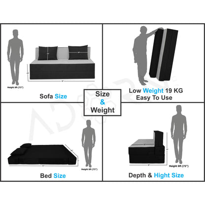 Adorn India Easy 2 Seater Sofa Cum Bed (2 Years Warrenty Quality Foam)-Perfect for Seat & Sleep Washeble Polyster Fabric Cover (Black & Grey) 4'x6'.Pillows Free (1 Year Warranty)