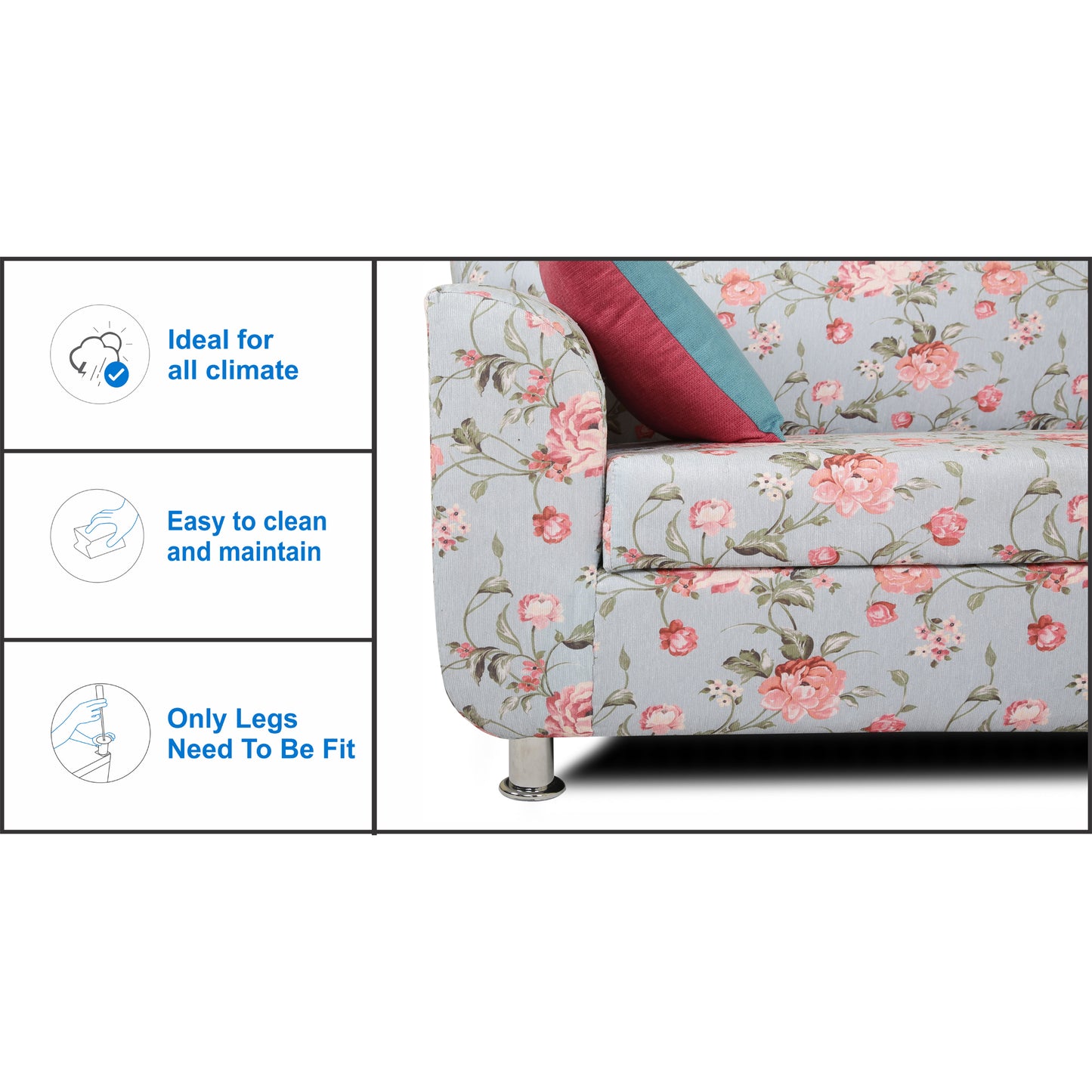 Adorn India Roselyn 3 Seater Sofa Digitel Print (Blue)
