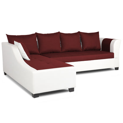 Adorn India Aliana L Shape Leatherette Fabric 6 Seater Sofa Set LHS (Maroon & White) (3 Year Warranty)