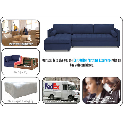 Adorn India Alexander L Shape 7 Seater Sofa Set with Ottoman Puffy LHS (Dark Blue) (3 Year Warranty)