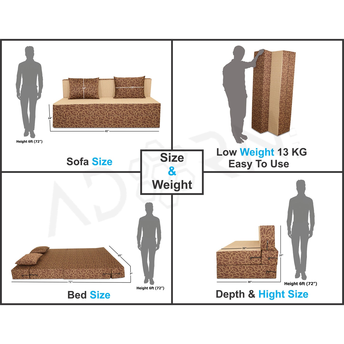 Adorn India Easy Three Seater Sofa Cum Bed Poly Cotton (Brown & Beige) (4 x 6)