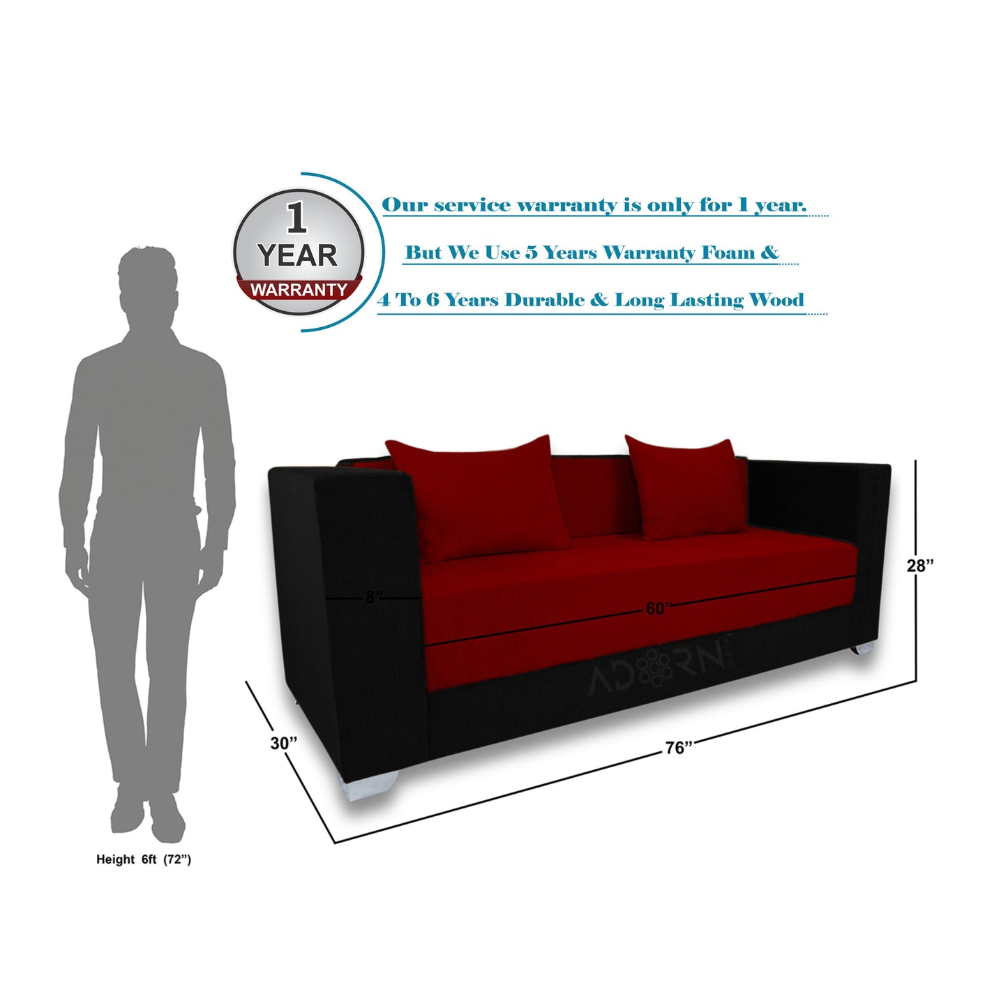 Adorn India Almond 3 Seater Sofa Cumbed (Maroon & Black)