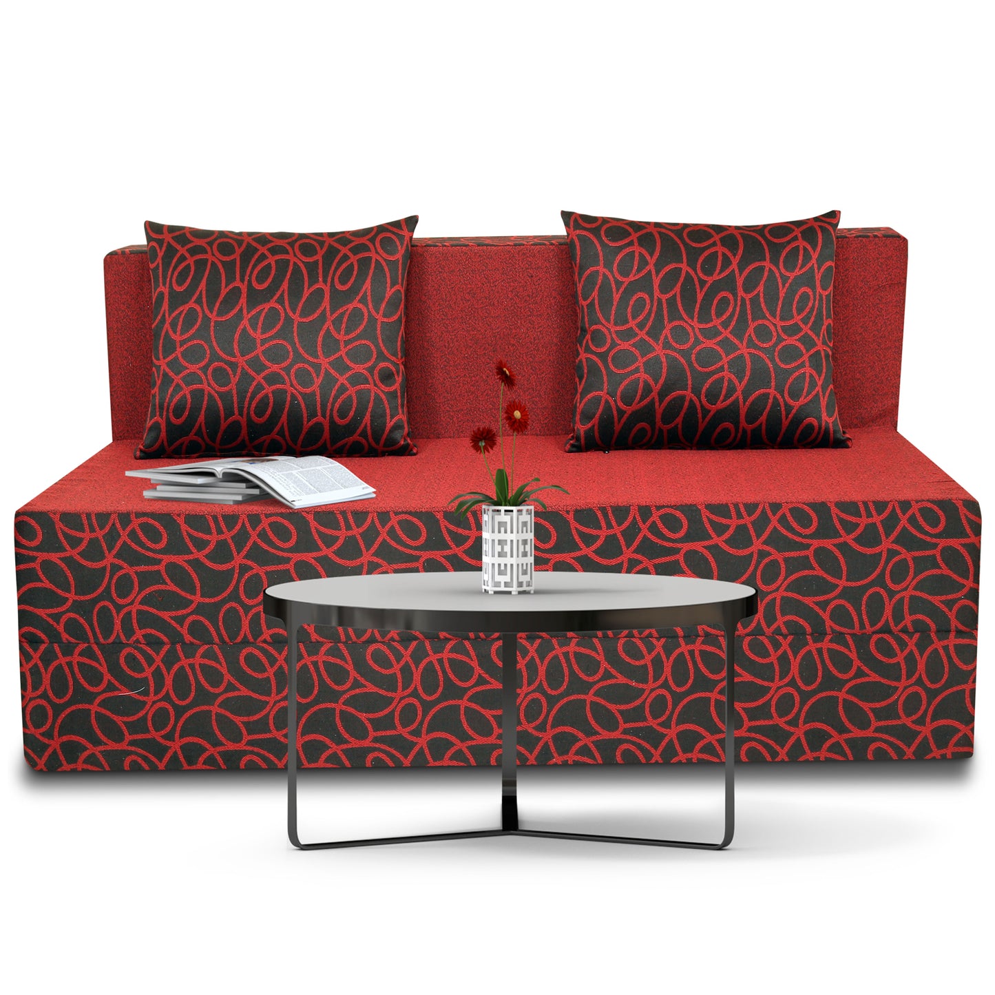 Adorn India Easy 2 Seater Sofa Cum Bed Poly Cotton (Maroon and Black) (4 x 6) (1 Year Warranty)