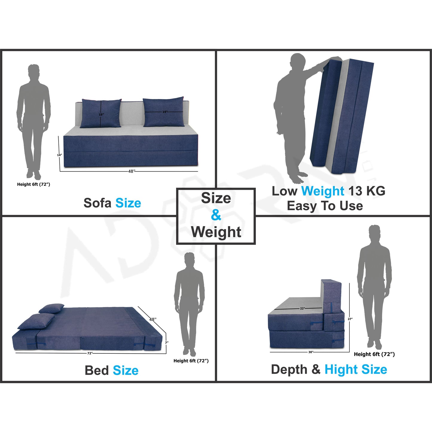 Adorn India Easy 2 Seater Sofa Cum Bed -Perfect for Seat & Sleep Washeble Polyster Fabric Cover (Blue & Grey) 4'x6'.Pillows Free (3 Year Warranty)