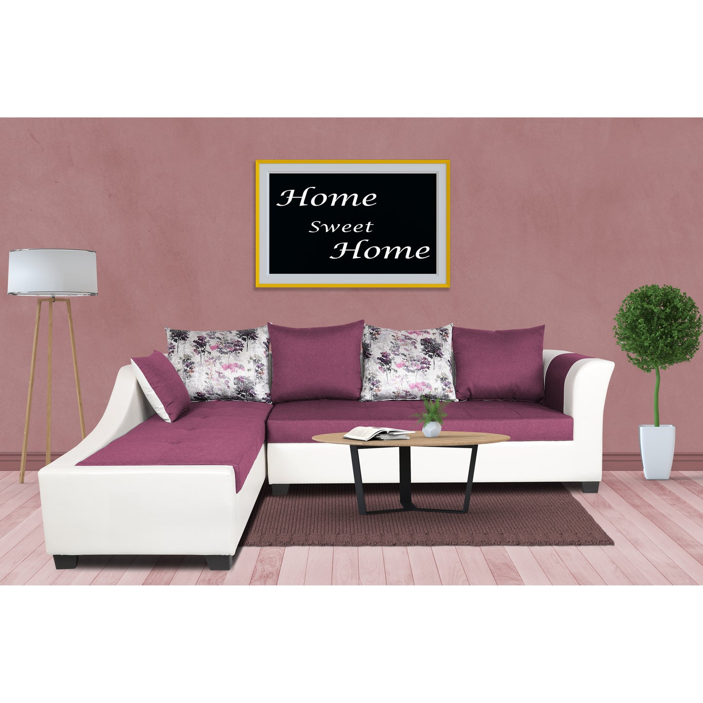 Adorn India Aliana L Shape Leatherette Fabric 6 Seater Sofa Set LHS (Dark Purple & White) (3 Year Warranty)