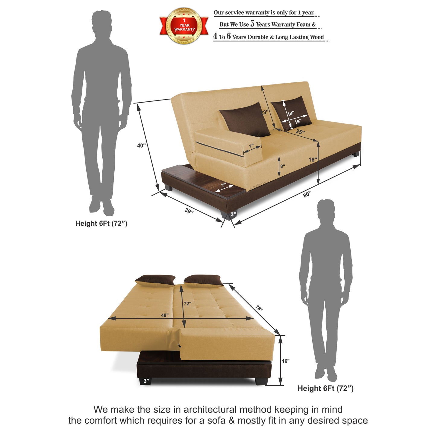 Adorn India Exclusive Two Tone Blake Three Seater Sofa Cum Bed (Brown & Beige), Wood, Foam