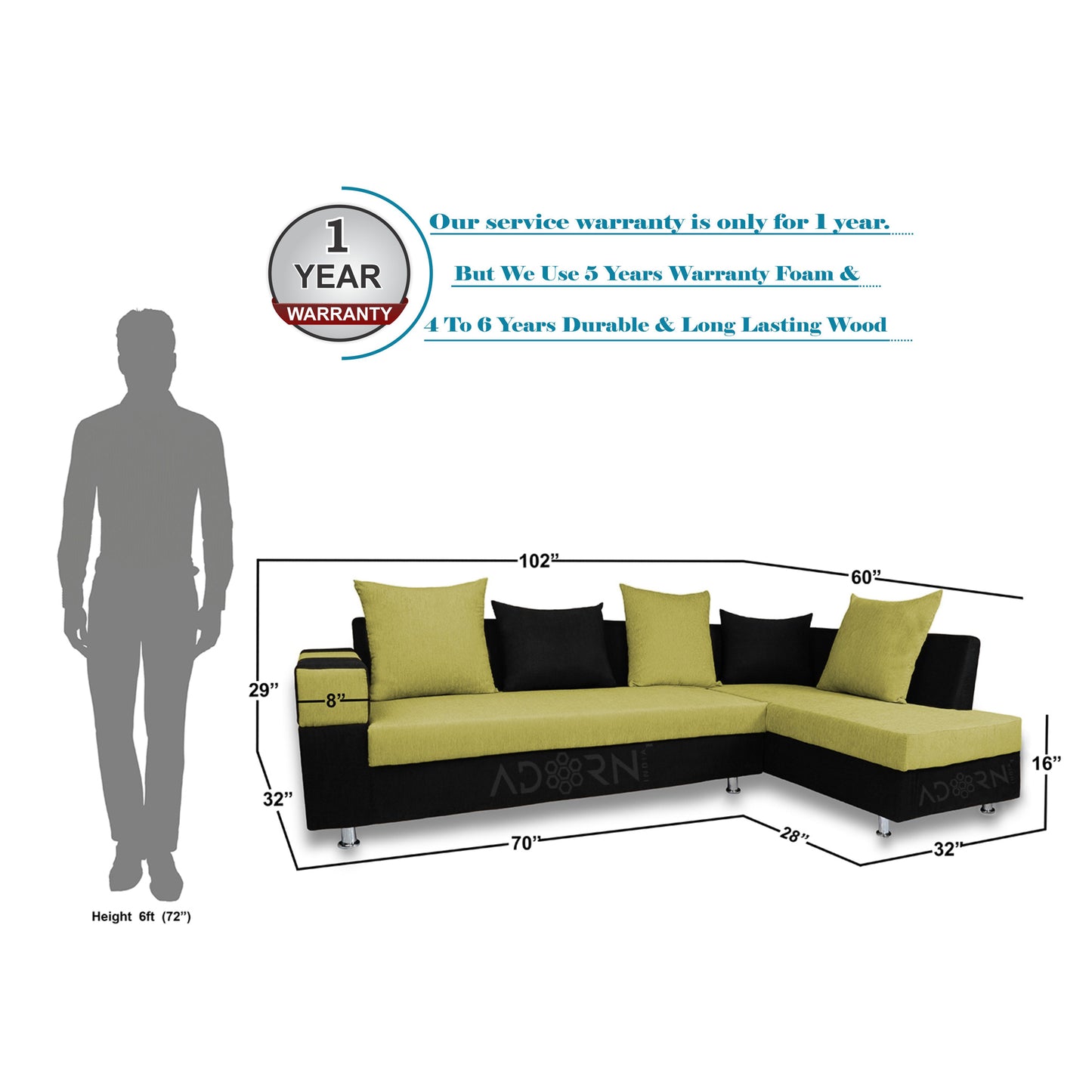 Adorn India Adillac 5 Seater Corner Sofa(Green & Black)
