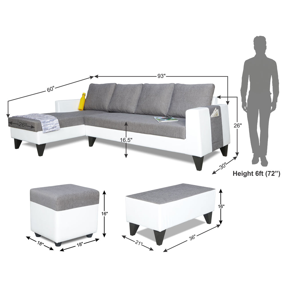 Adorn India Ashley Plain Leatherette Fabric L Shape 8 Seater Sofa Set with 2 Ottoman Puffy & Center Table LHS (Grey & White) (3 Year Warranty)