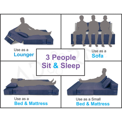 Adorn India Easy 3 Seater Sofa Cum Bed (Blue and Grey) (5x6) (1 Year Warranty)