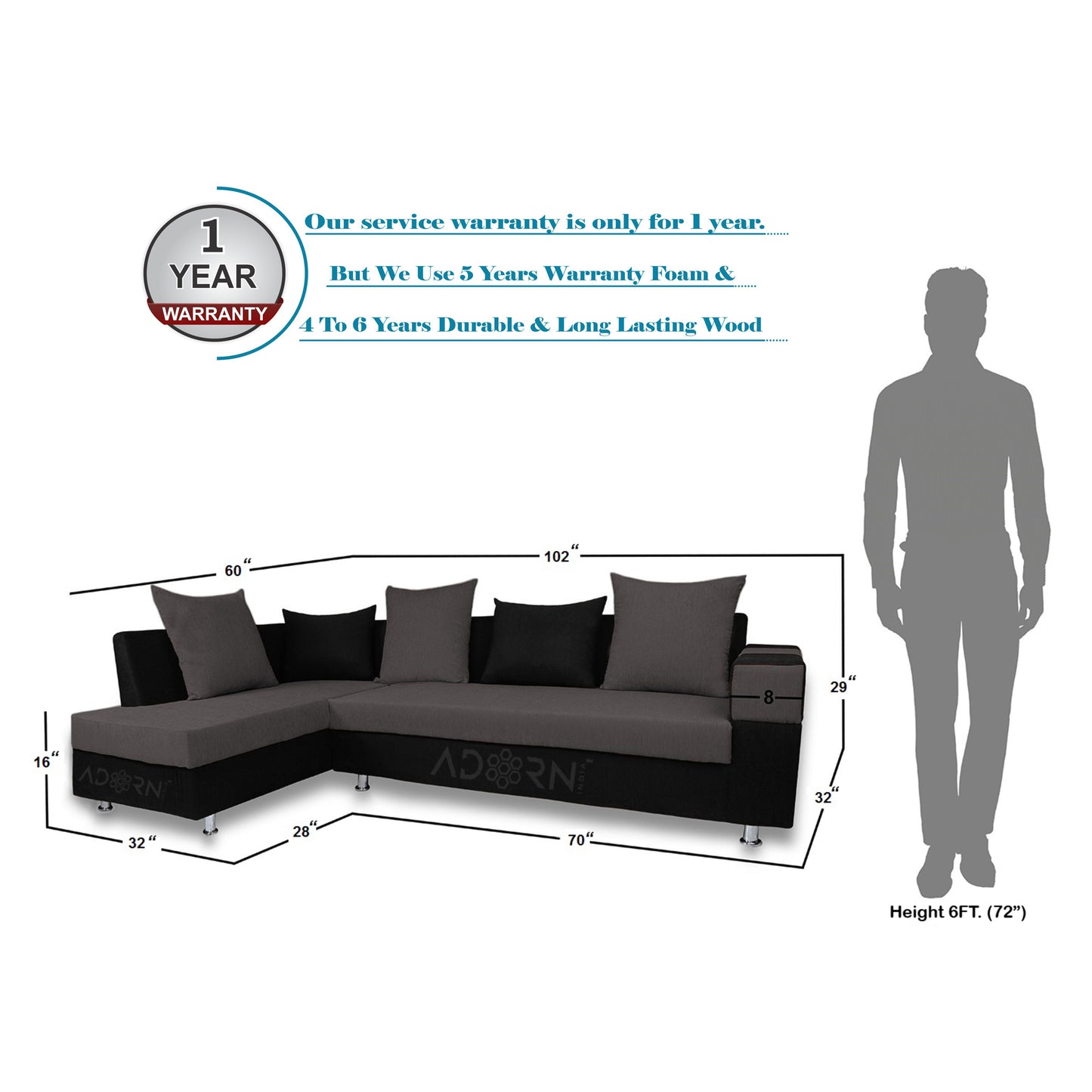 Adorn India Adillac 5 Seater Corner Sofa(Left Side Handle)(Grey & Black)