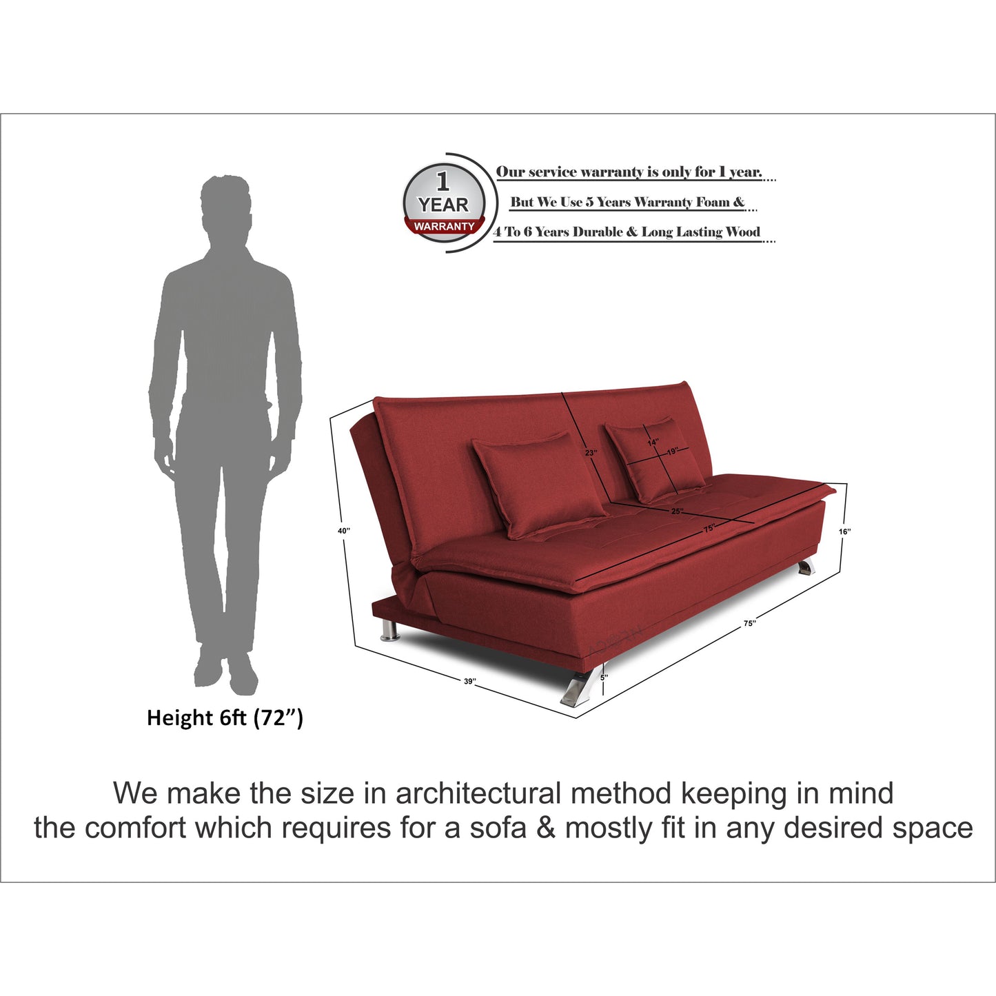 Adorn India Arden 4 Seater Sofa Cum Bed 4 x 6 (Maroon) (3 Year Warranty)