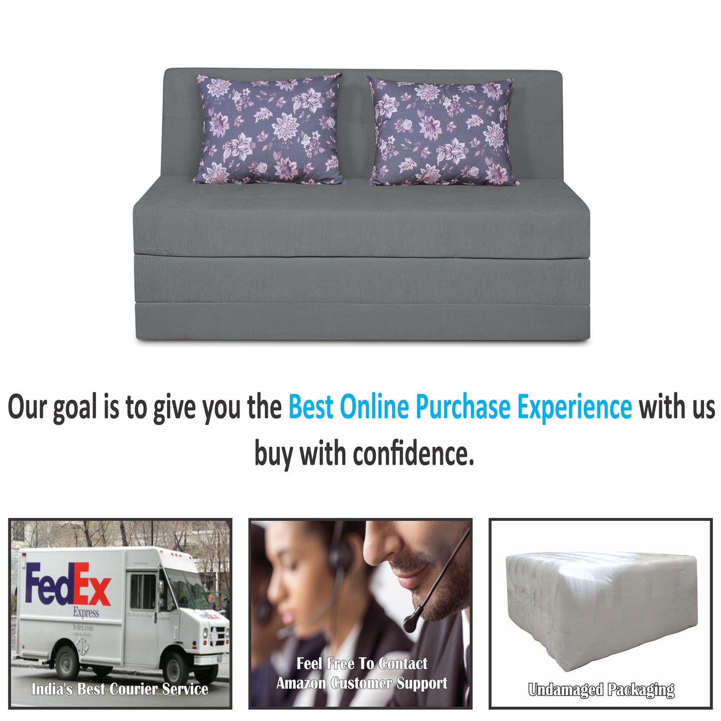 Adorn India Easy Highback Two Seater Sofa Cum Bed Floral 4' x 6' (Grey) (1 Year Warranty)