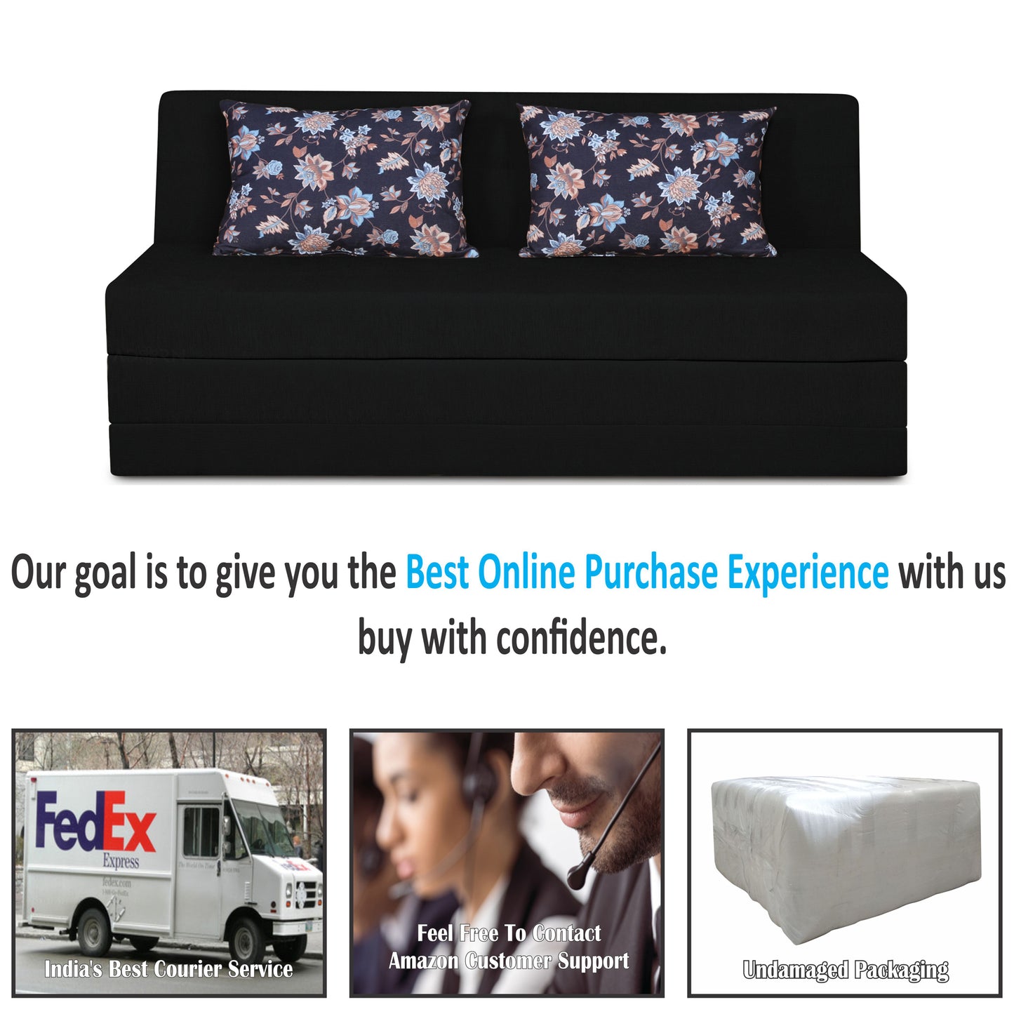 Adorn India Easy Highback Three Seater Sofa Cum Bed Floral 6' x 6' (Black) (1 Year Warranty)