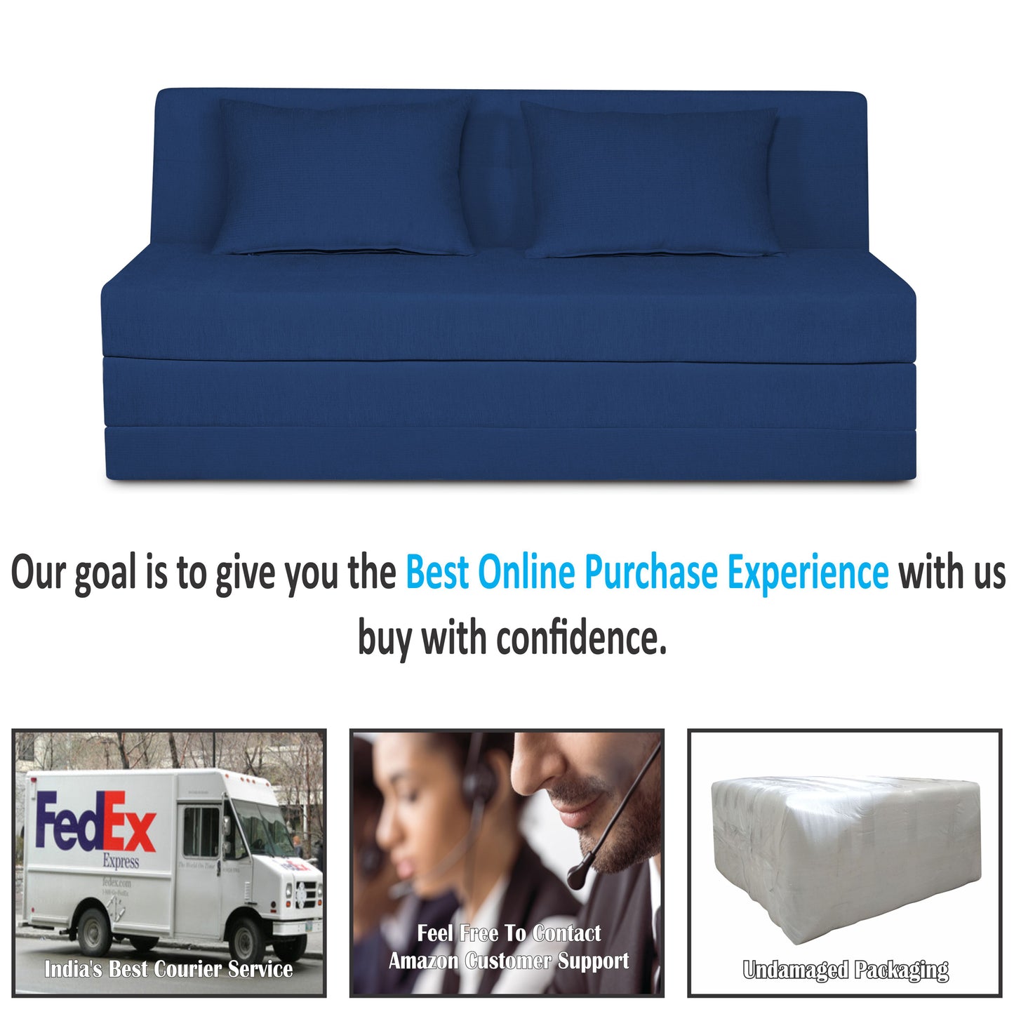 Adorn India Easy Highback Three Seater Sofa Cum Bed Decent 6' x 6' (Blue) (1 Year Warranty)