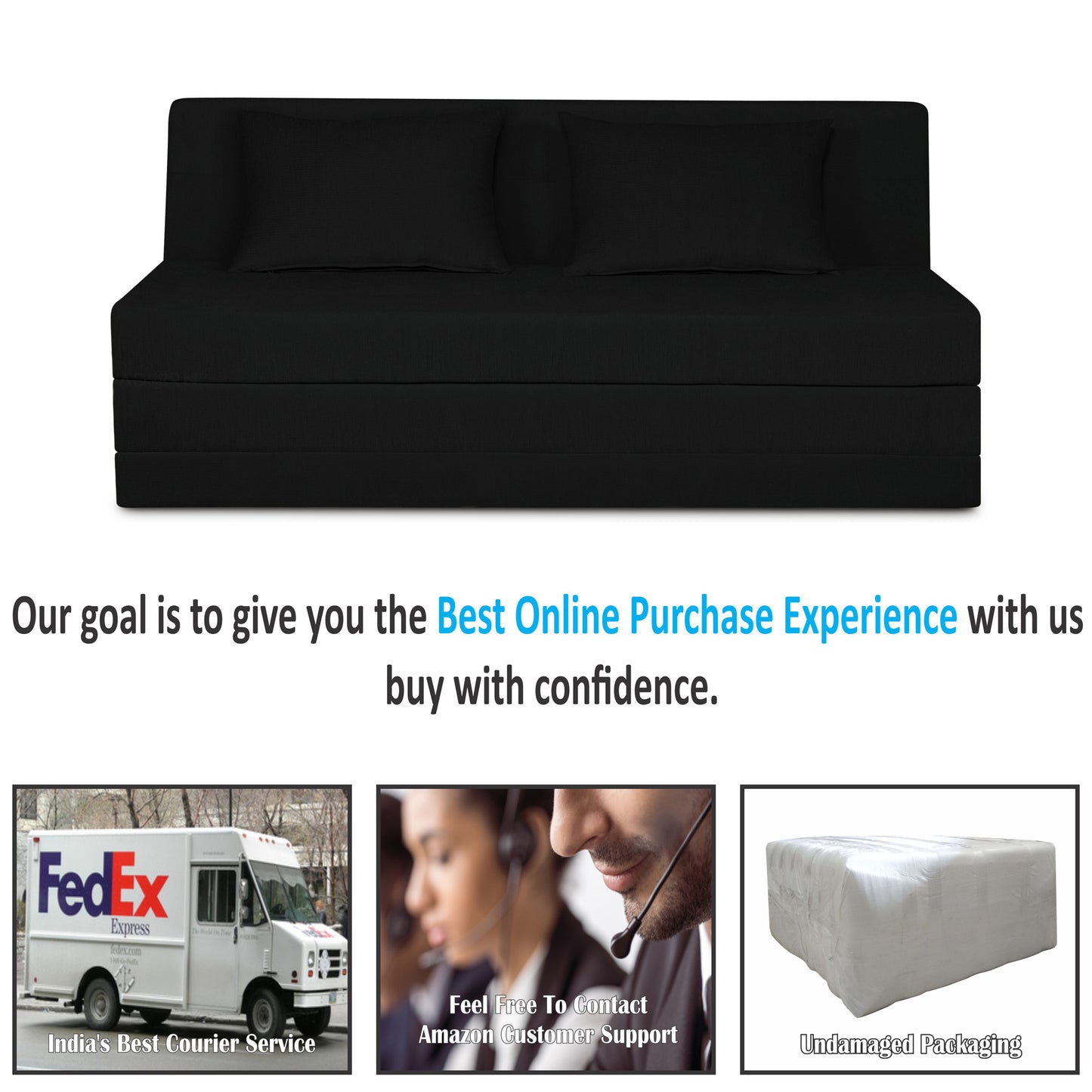 Adorn India Easy Highback Three Seater Sofa Cum Bed Decent 6' x 6' (Black) (1 Year Warranty)