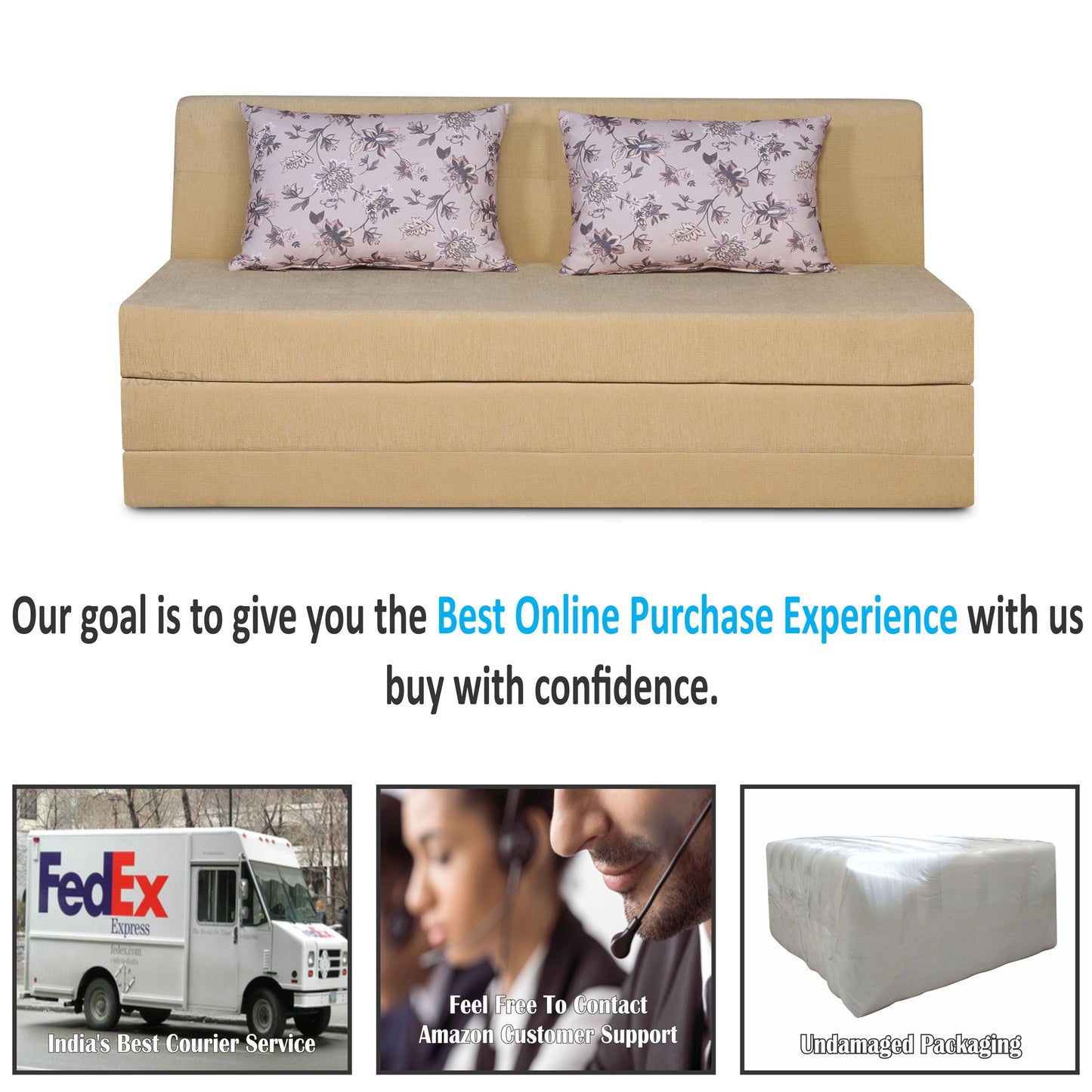 Adorn India Easy Highback Three Seater Sofa Cum Bed Floral 6' x 6' (Beige) (1 Year Warranty)