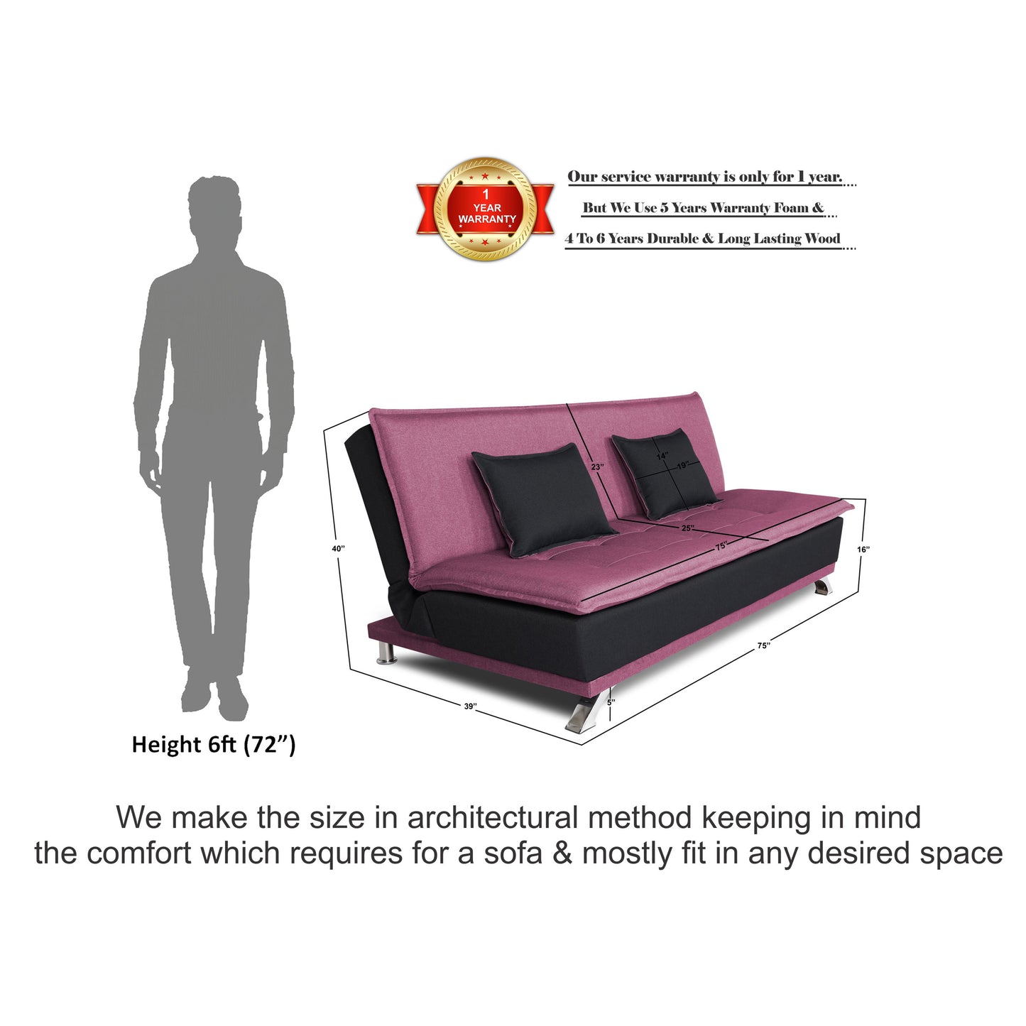 Adorn India Exclusive Two Tone Arden 4 Seater Sofa Cum Bed 4 x 6 (Light Purple & Black) (3 Year Warranty)