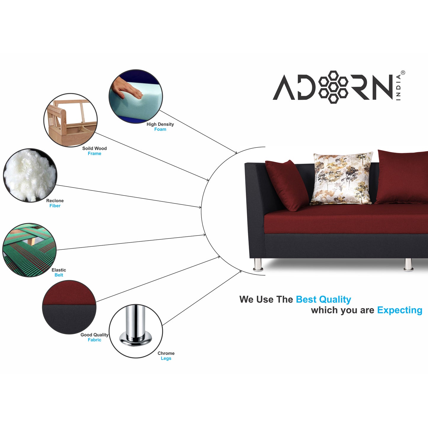 Adorn India Exclusive Two Tone Alica Three Seater Sofa (Maroon & Black)