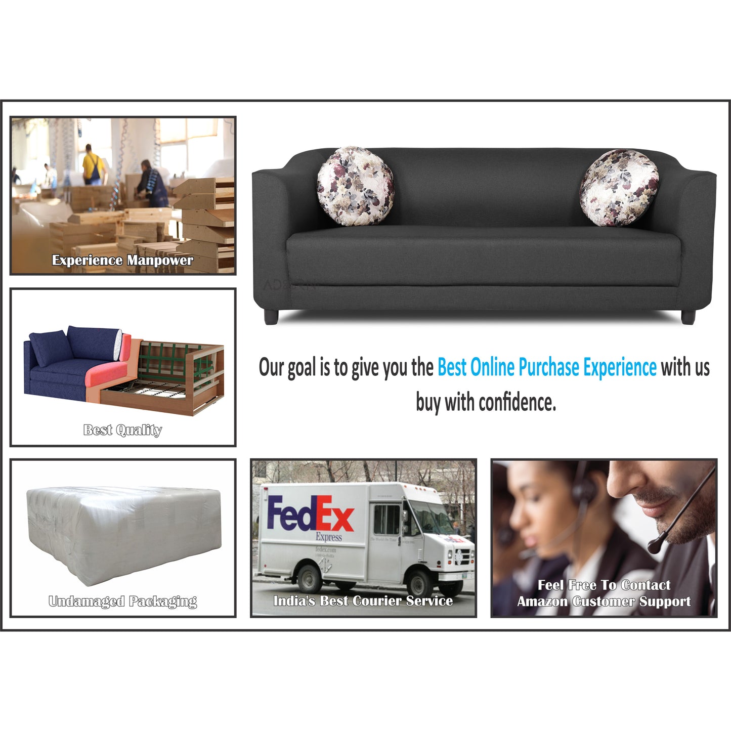 Adorn India Brisco 3 Seater Sofa (Dark Grey), Wood, Foam