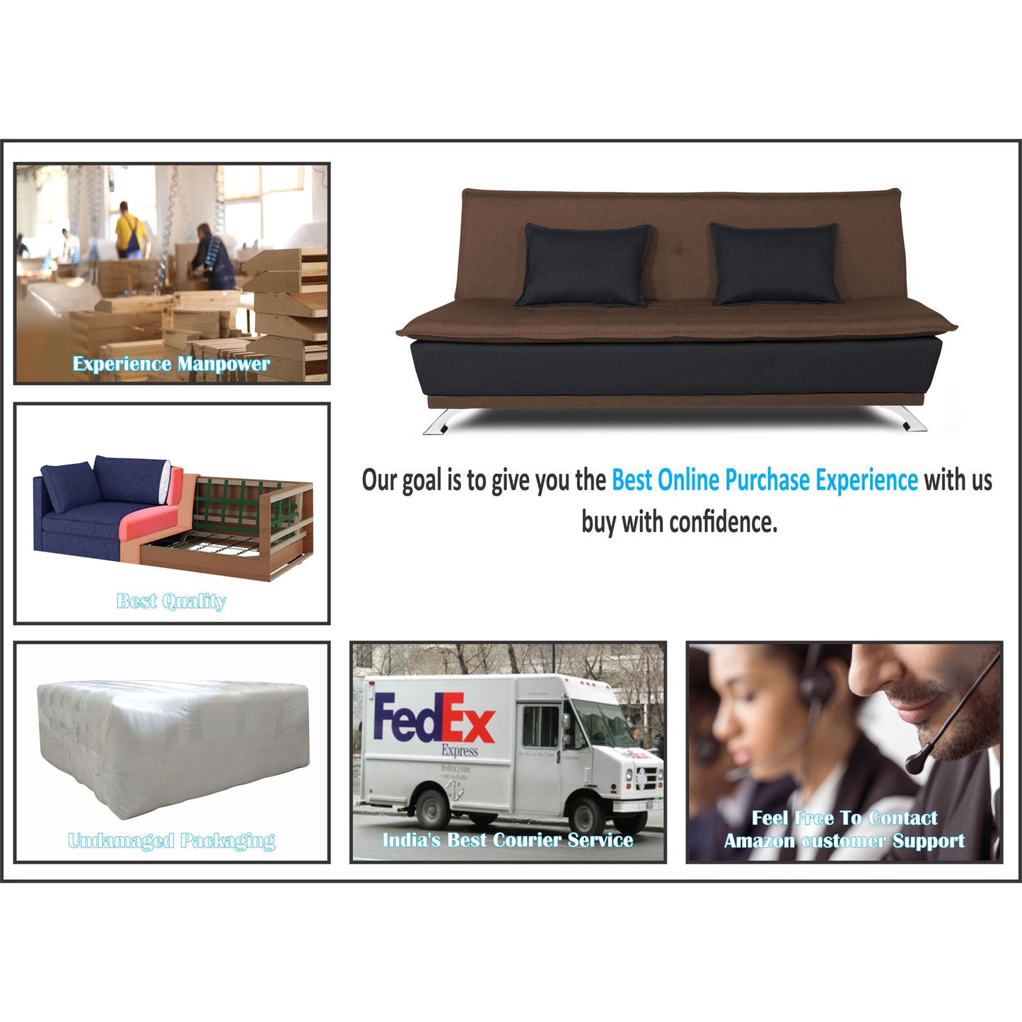 Adorn India Exclusive Two Tone Arden 4 Seater Sofa Cum Bed 4 x 6 (Brown & Black) (3 Year Warranty)