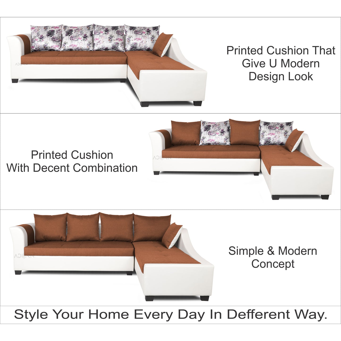 Adorn India Aliana L Shape Leatherette Fabric 6 Seater Sofa Set RHS (Rust & White) (3 Year Warranty)