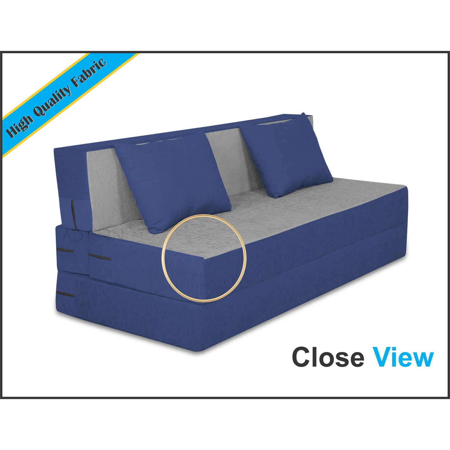 Adorn India Easy 4 Seater Sofa Cum Bed (2 Years Warrenty Quality Foam)-Perfect for Seat & Sleep Washeble Polyster Fabric Cover (Blue & Grey) 6'x6'.Pillows Free (1 Year Warranty)