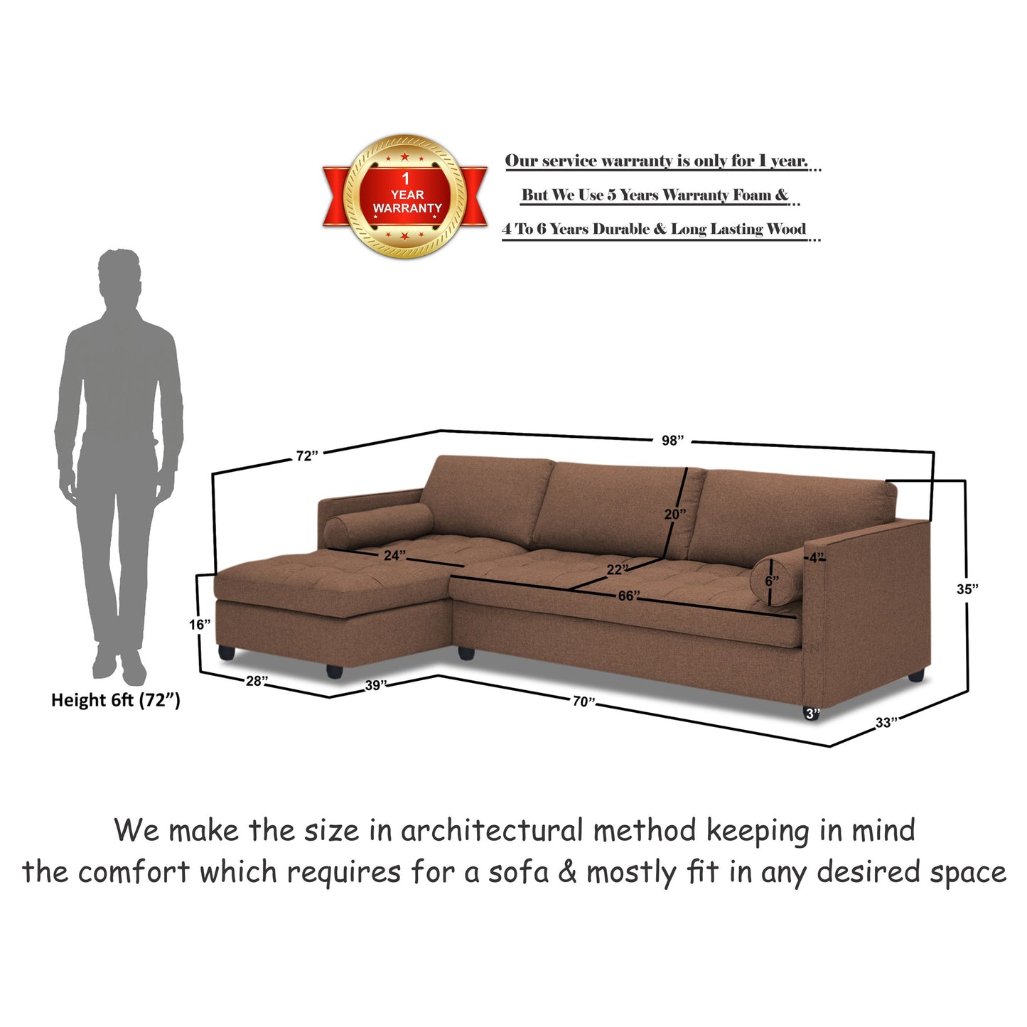 Adorn India Alexander L Shape 7 Seater Sofa Set with Ottoman Puffy LHS (Camel) (3 Year Warranty)