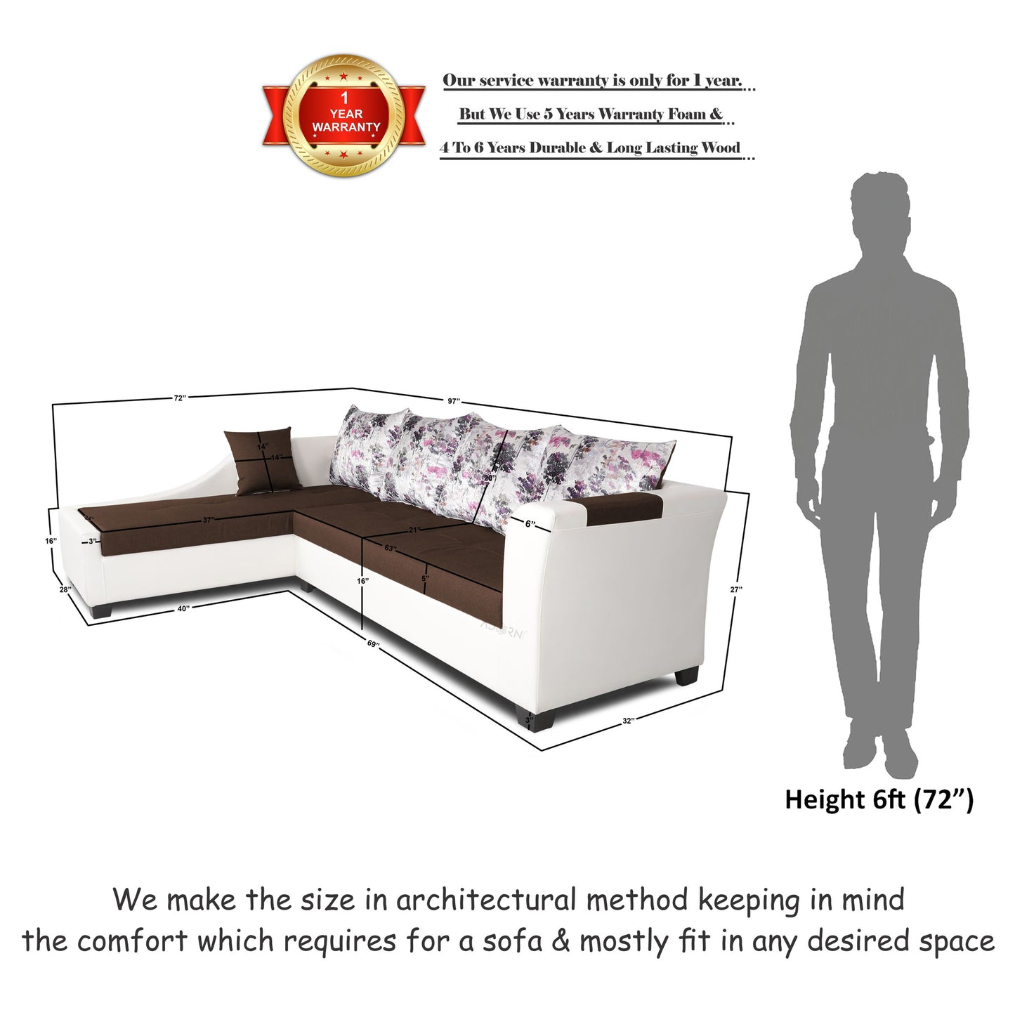 Adorn India Aliana L Shape Leatherette Fabric 6 Seater Sofa Set LHS (Brown & White) (3 Year Warranty)