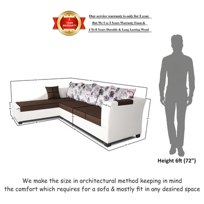 Adorn India Aliana L Shape Leatherette Fabric 6 Seater Sofa Set LHS (Brown & White) (3 Year Warranty)