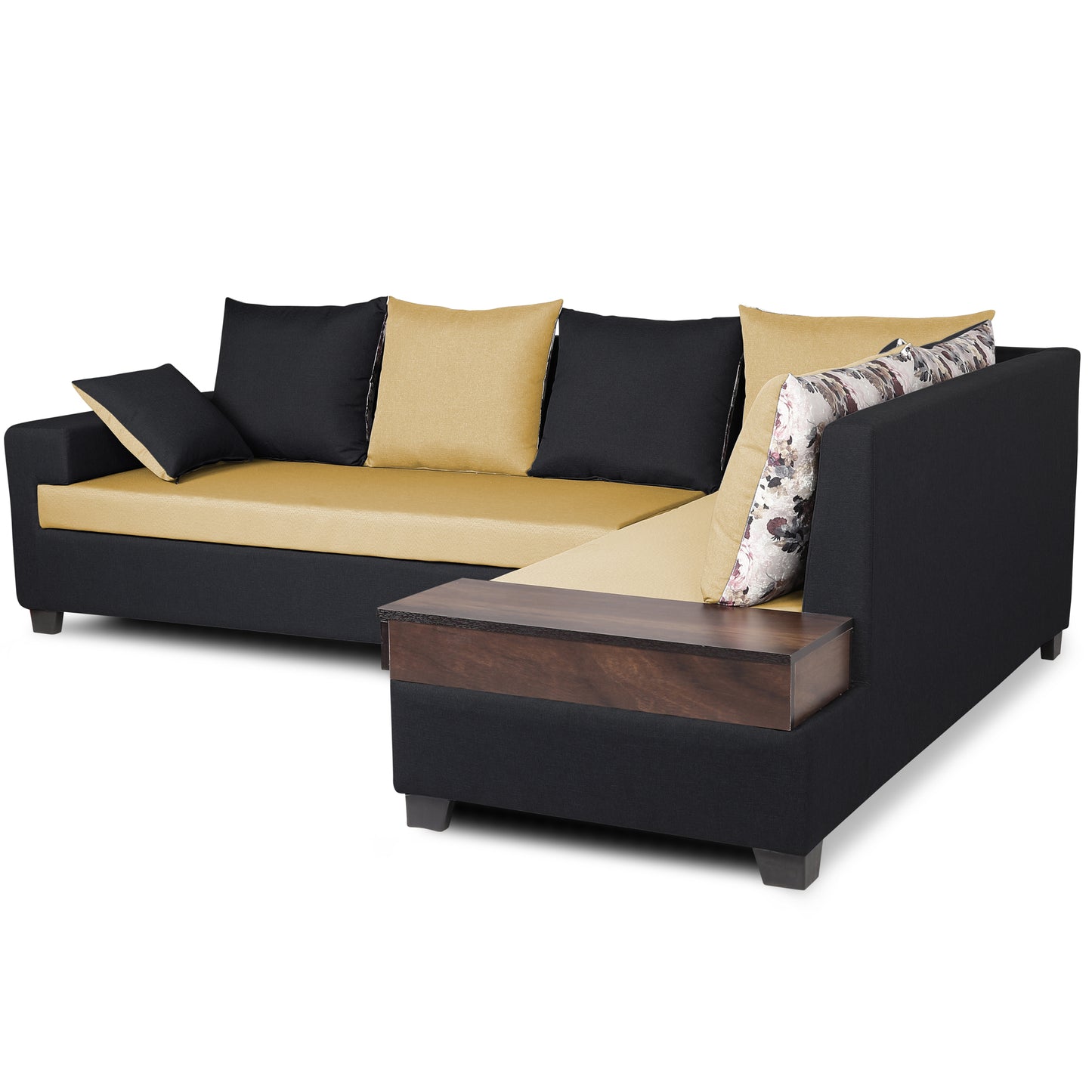 Adorn India Orlando Fabric L Shape 6 seater Sofa  set (Black & Beige)