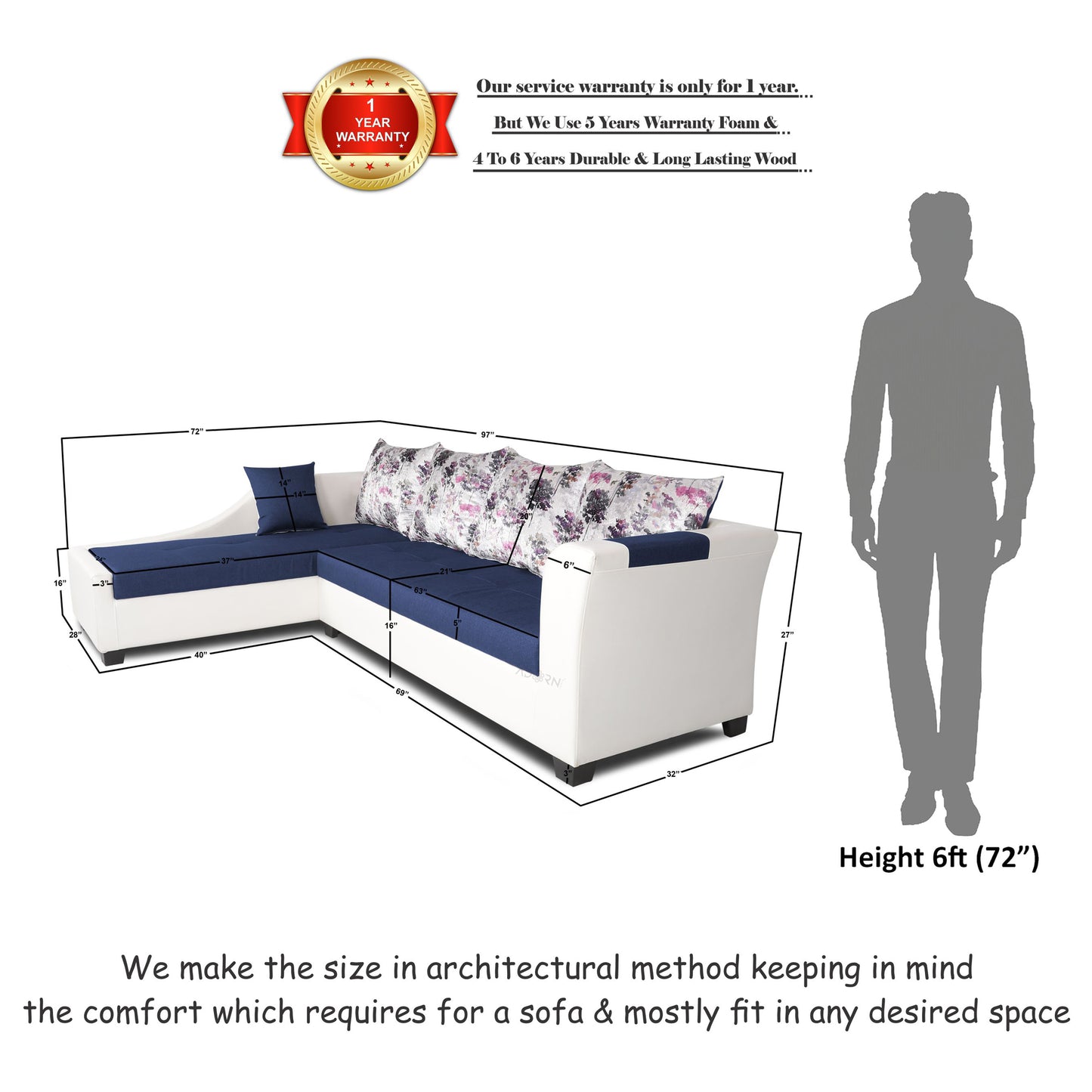 Adorn India Aliana L Shape Leatherette Fabric 6 Seater Sofa Set LHS (Blue & White) (3 Year Warranty)