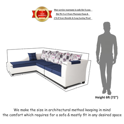 Adorn India Aliana L Shape Leatherette Fabric 6 Seater Sofa Set LHS (Blue & White) (3 Year Warranty)