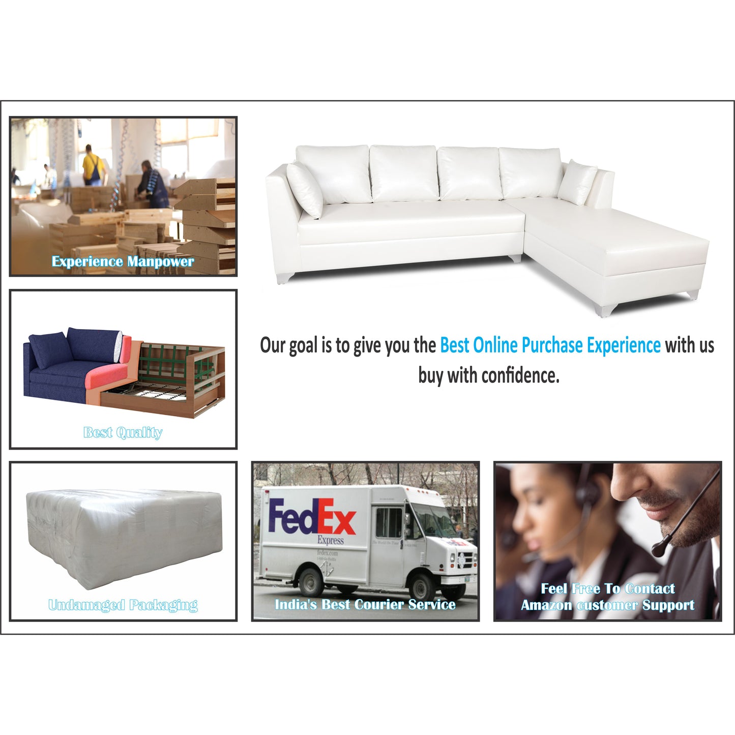 Adorn India Bradley Leatherette L Shape 6 Seater Sofa Set (White)