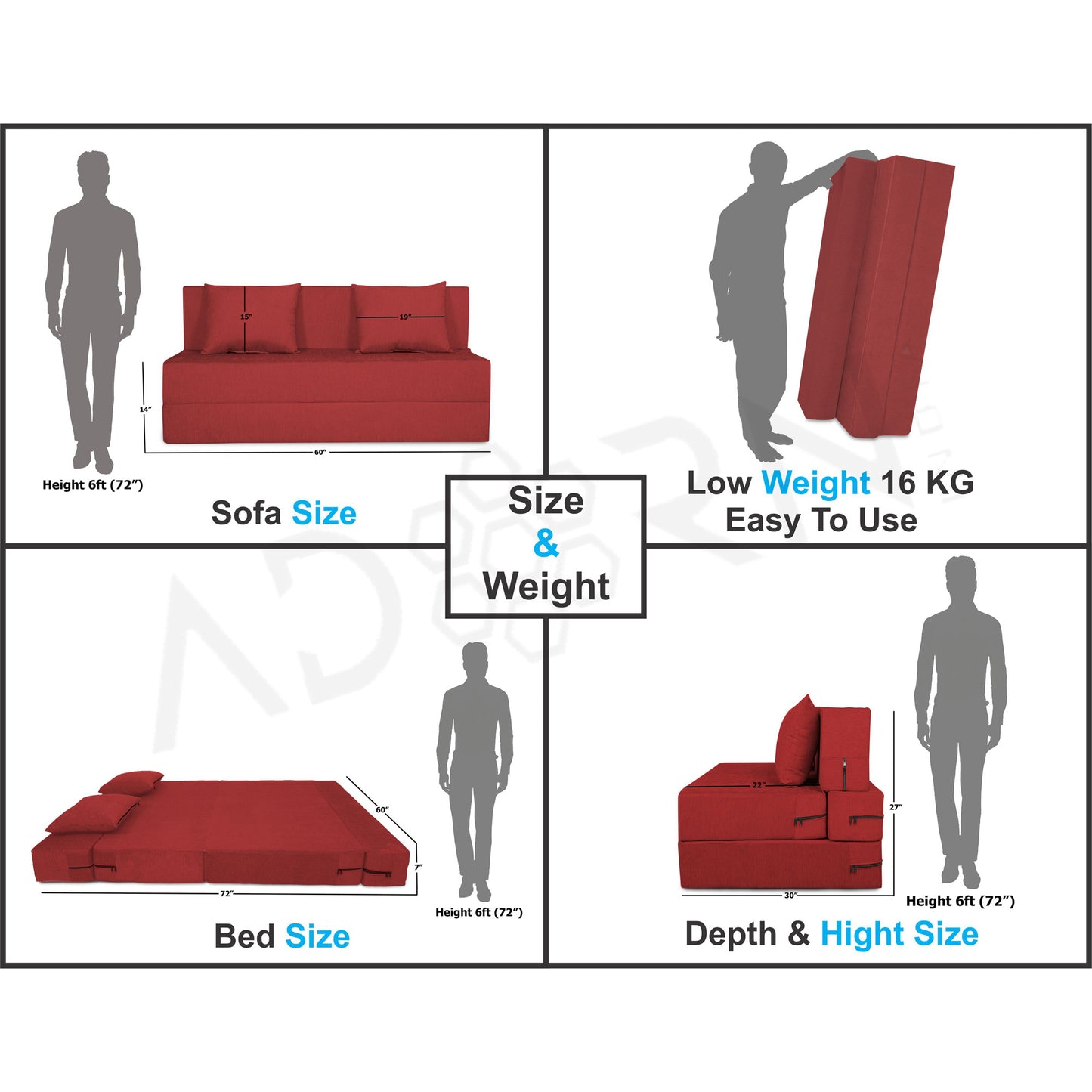 Adorn India Easy 3 Seater Sofa Cum Bed Alyn 5'x 6' (Maroon) (1 Year Warranty)
