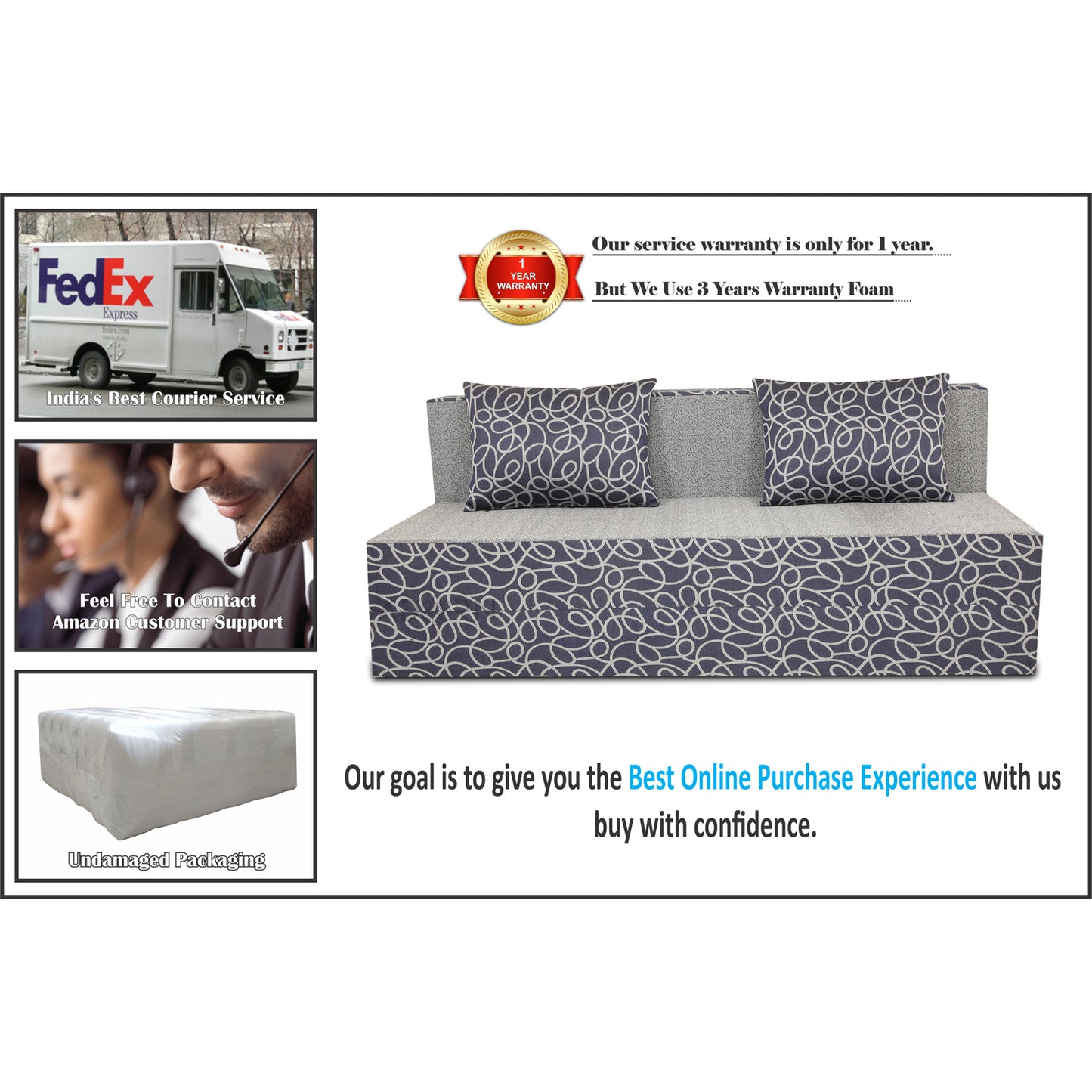 Adorn India Easy Three Seater Sofa Cum Bed Poly Cotton (Blue & Grey) (6' x 6')