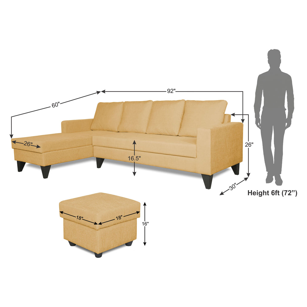 Adorn India Hallton L Shape Decent Sofa Set 7 Seater with Ottoman (Left Side) (Beige) (3 Year Warranty)