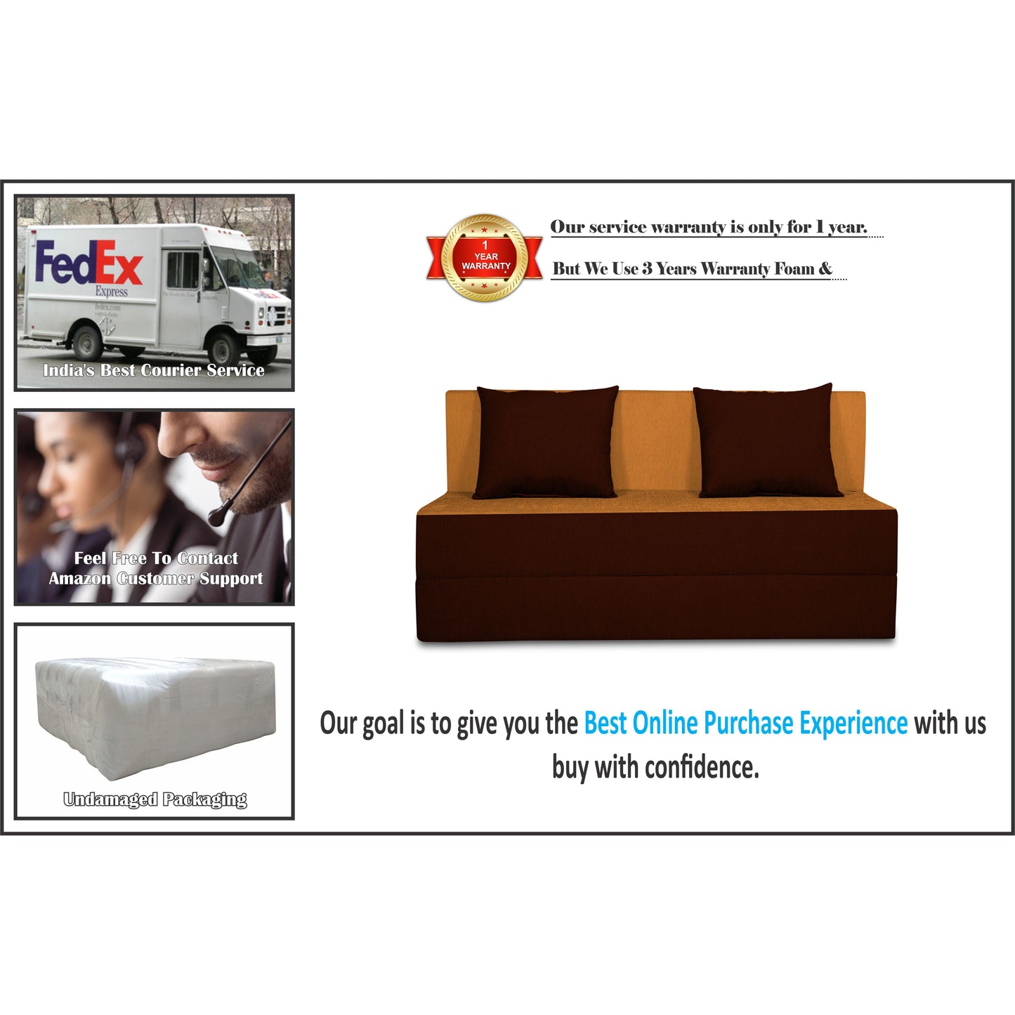 Adorn India Easy 2 Seater Sofa Cum Bed (2 Years Warrenty Quality Foam)-Perfect for Seat & Sleep Washeble Polyster Fabric Cover (Camel & Brown) 4'x6'.Pillows Free (1 Year Warranty)