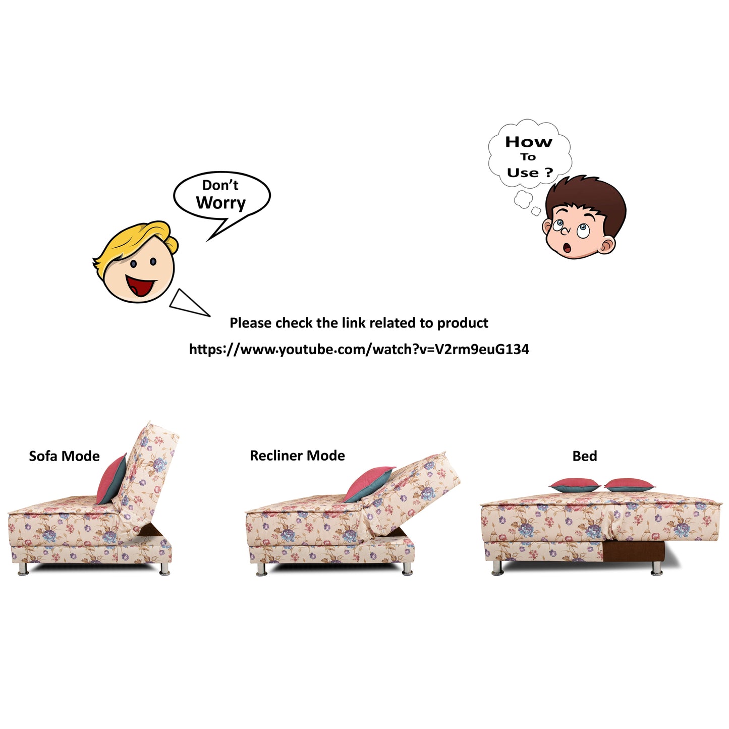 Adorn India Roselyn 3 Seater Sofa Cum Bed Digitel Print (Beige), Wood, Foam